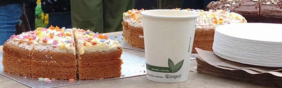 The picture is a close up of a row of cakes, plates and cups at the Jubilee celebrations at Woodbastwick Village hall.
